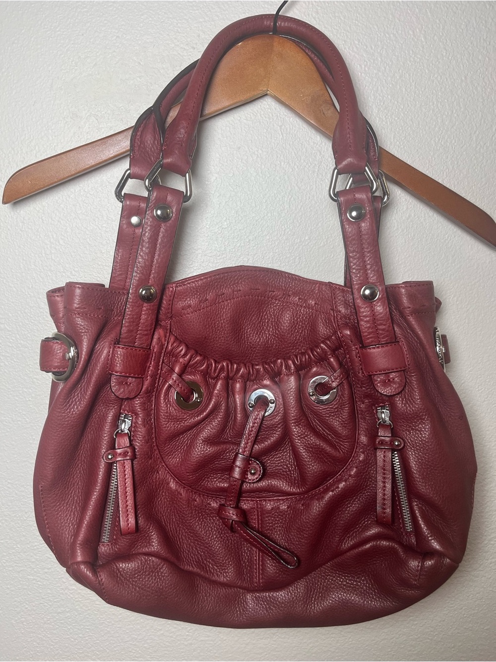 b. makowsky Vintage Y2K Red Pebbled Leather Drawstring Satchel